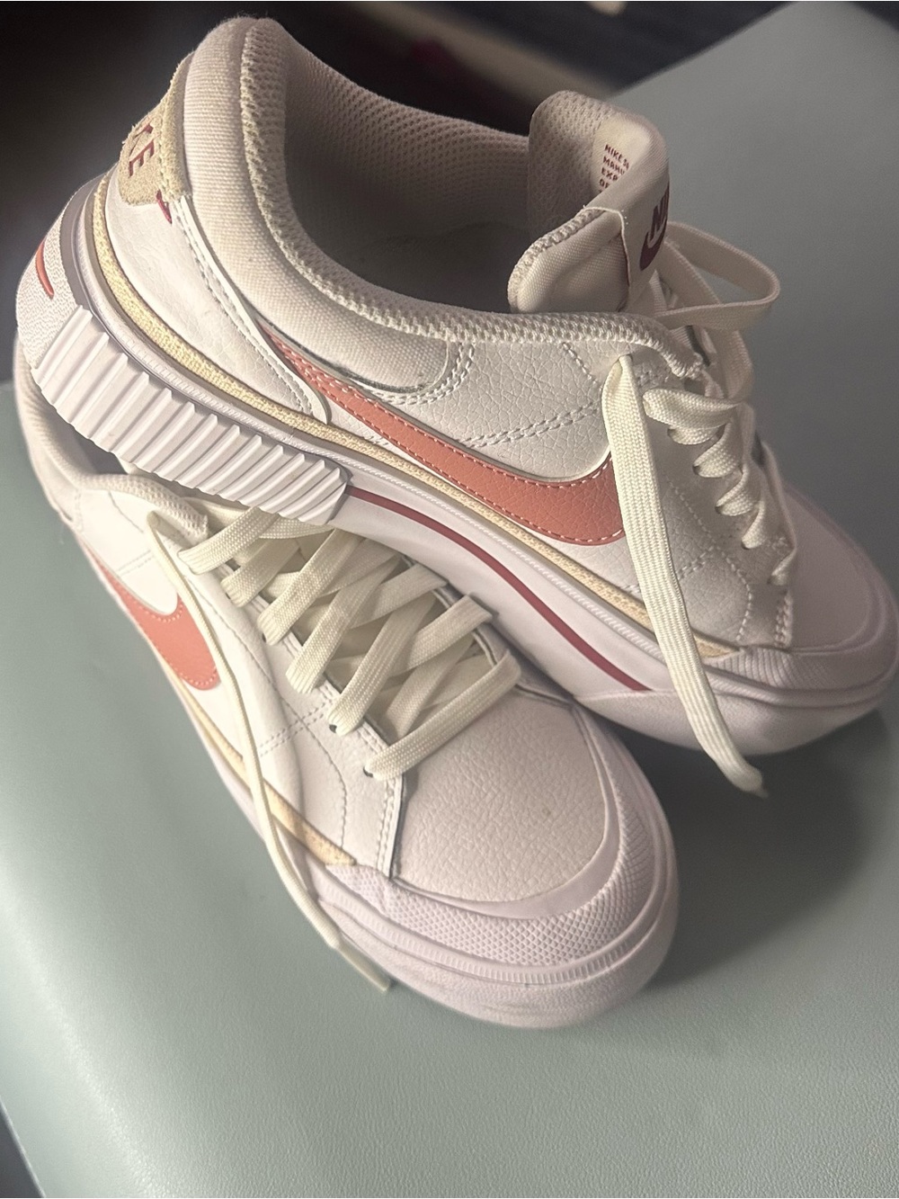 Nike Women's Cream Sneakers with Coral Swoosh and Gold Trim